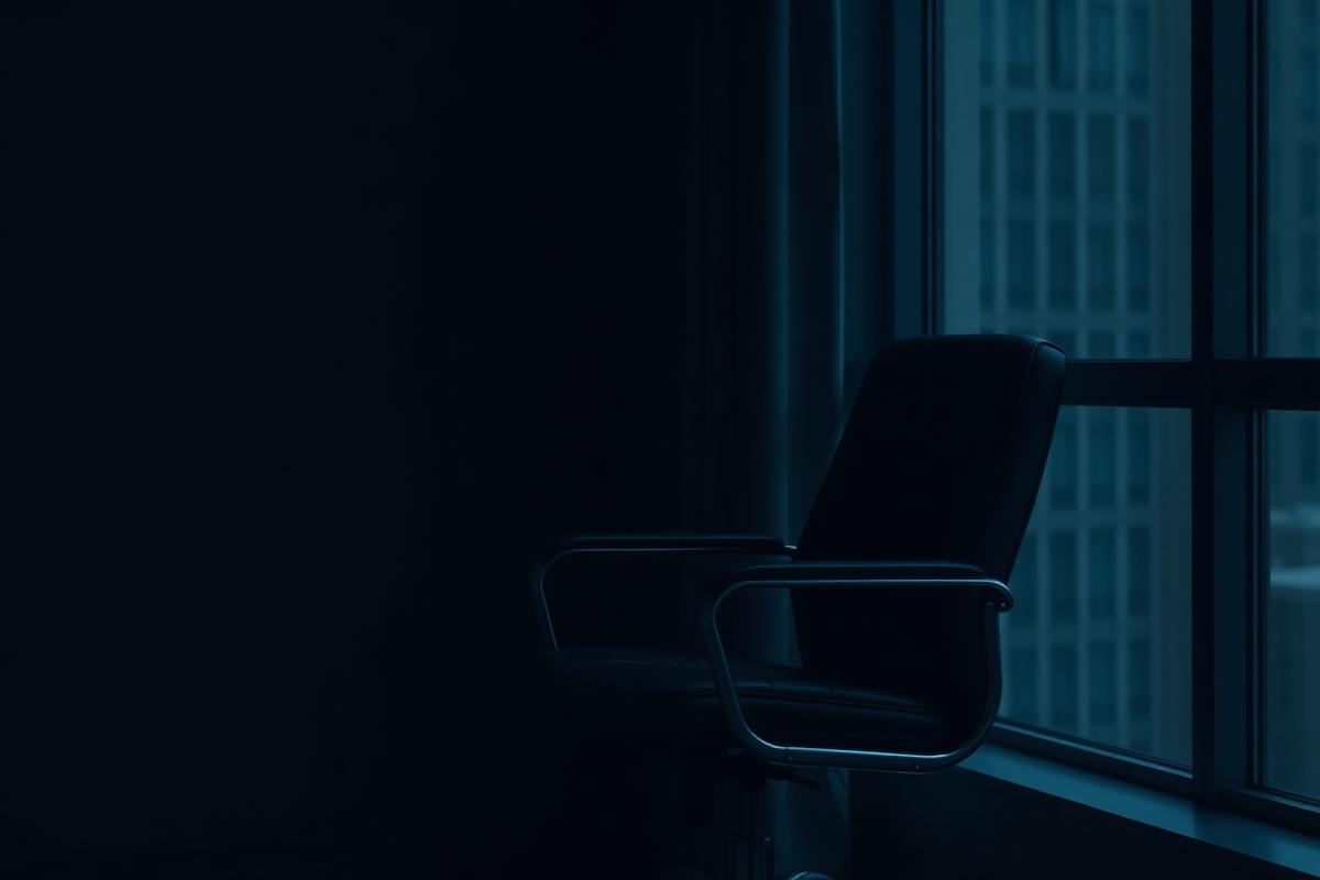 An empty executive chair beside a window at dusk